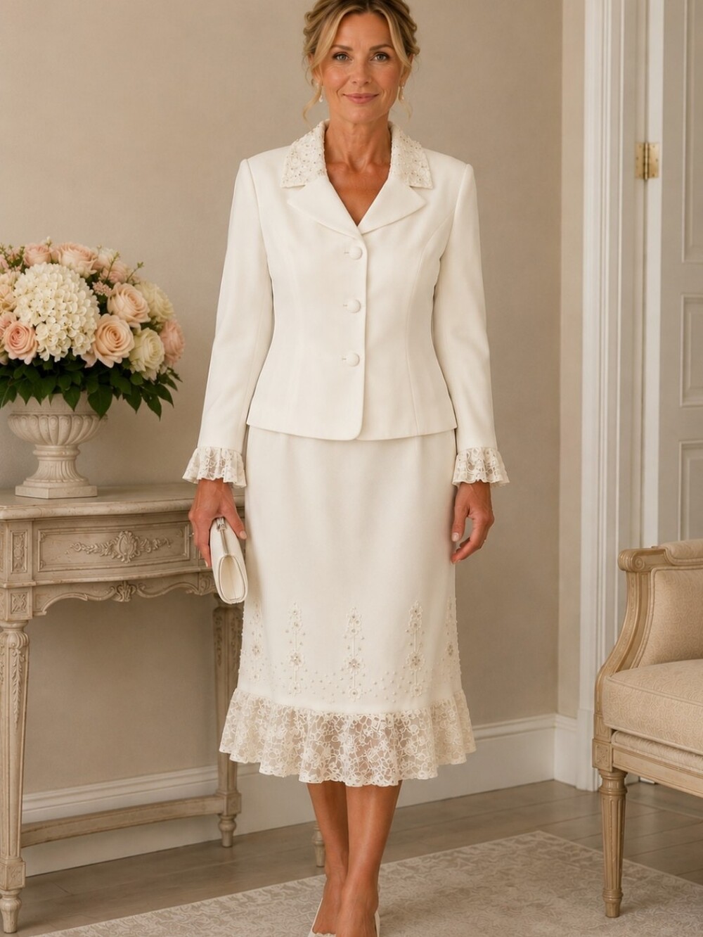 JOHN MEYER Collection White Beaded Lace Skirt Suit Set 16 Mother of the Bride
